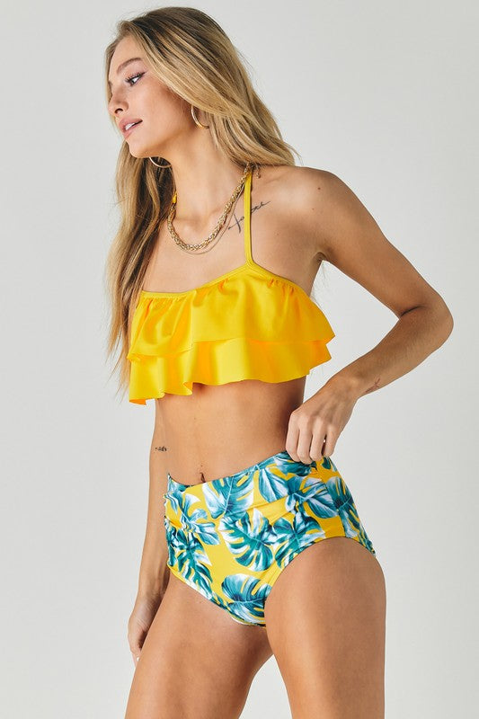 Brinley - Solid Ruffle Top And Printed Bottom Swimsuit