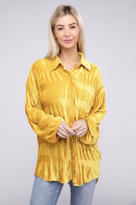 Isabel - Wrinkle Effect Tiered Shirring Velvet Shirt