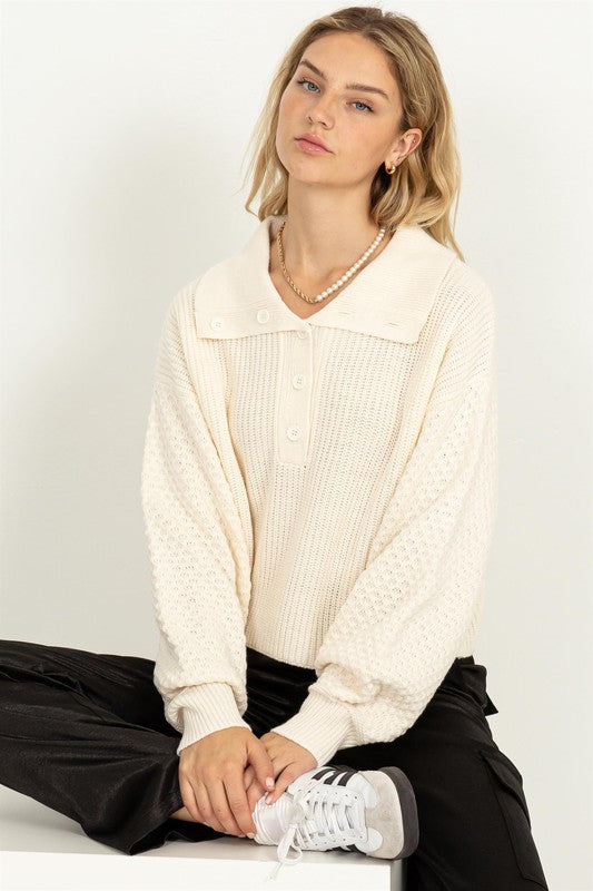 Sally - Wide Collar Button Front Sweater