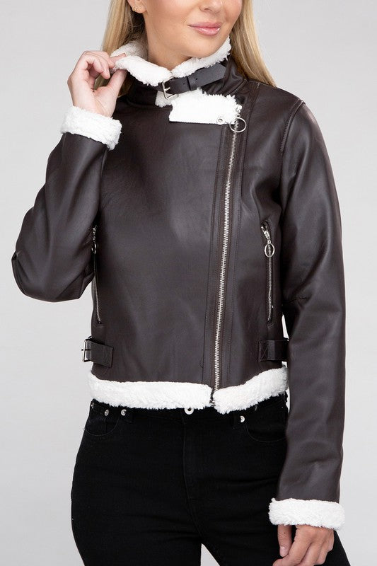 Renee - Plush Teddy Trimmed PU Jacket