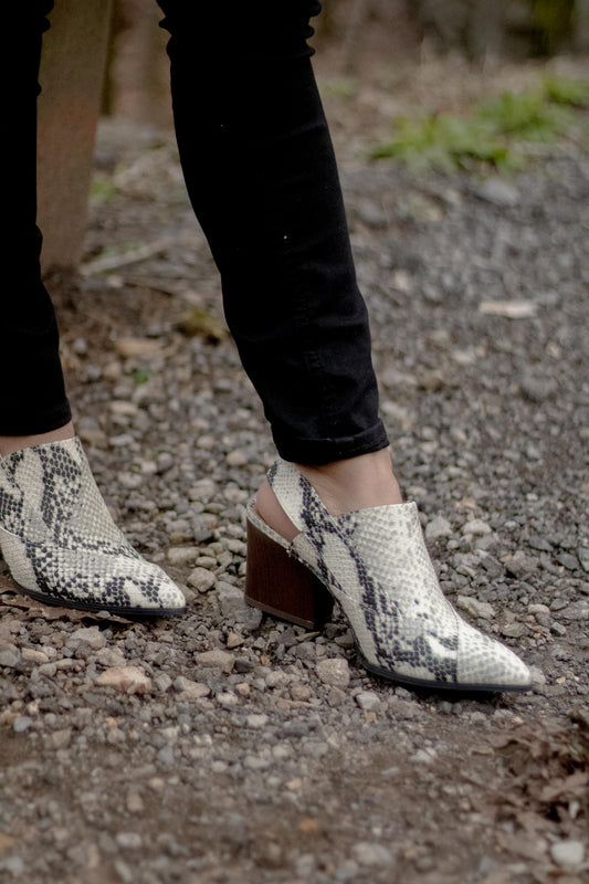 Ally - Snakeskin Open-Back Heel Mule Booties