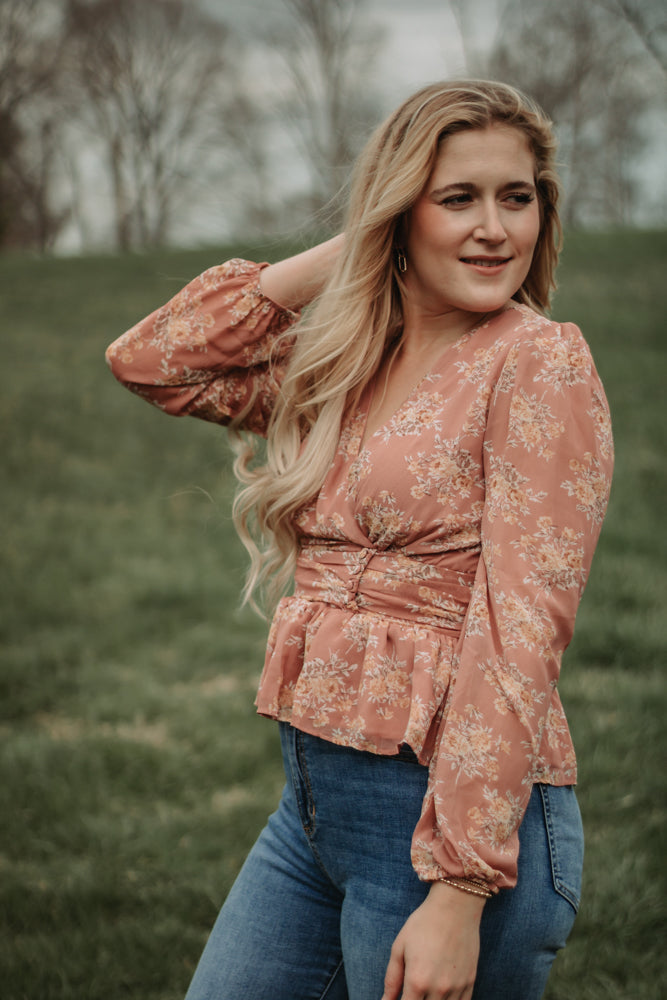 Brianna - Dusty Rose Floral Long Sleeve Babydoll Top