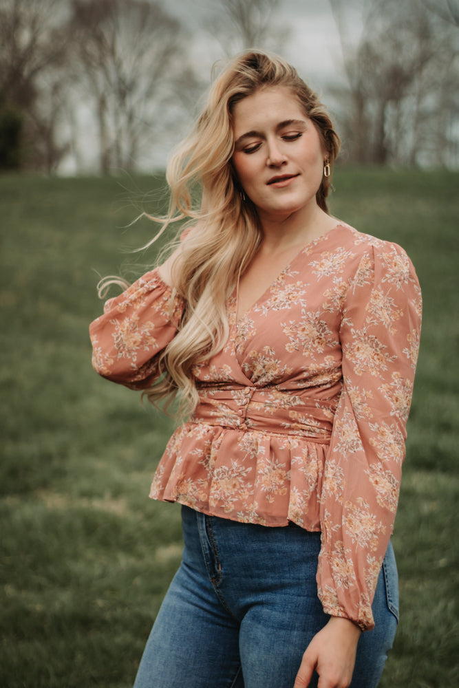 Brianna - Dusty Rose Floral Long Sleeve Babydoll Top