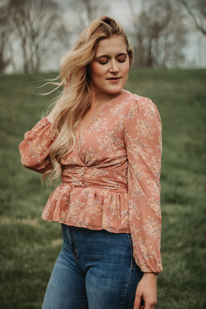 Brianna - Dusty Rose Floral Long Sleeve Babydoll Top