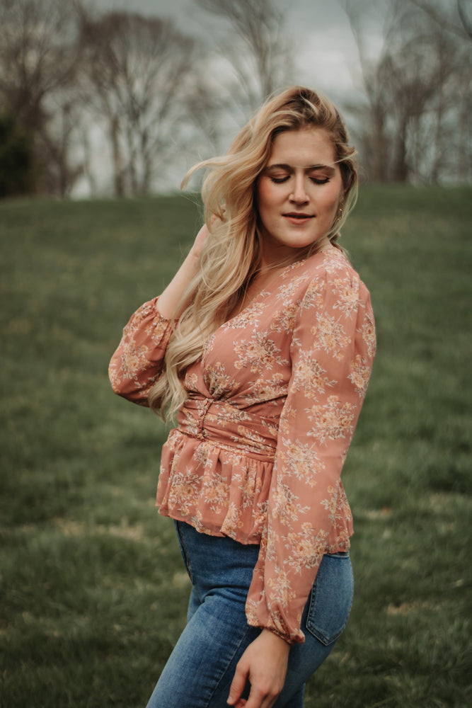 Brianna - Dusty Rose Floral Long Sleeve Babydoll Top