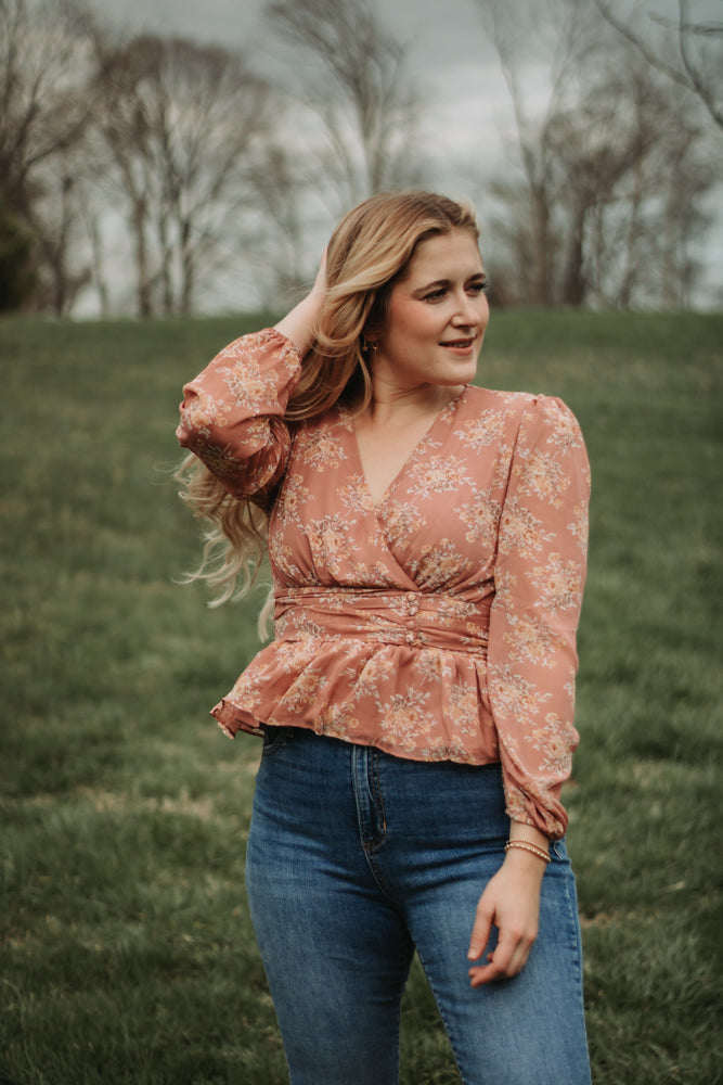 Brianna - Dusty Rose Floral Long Sleeve Babydoll Top