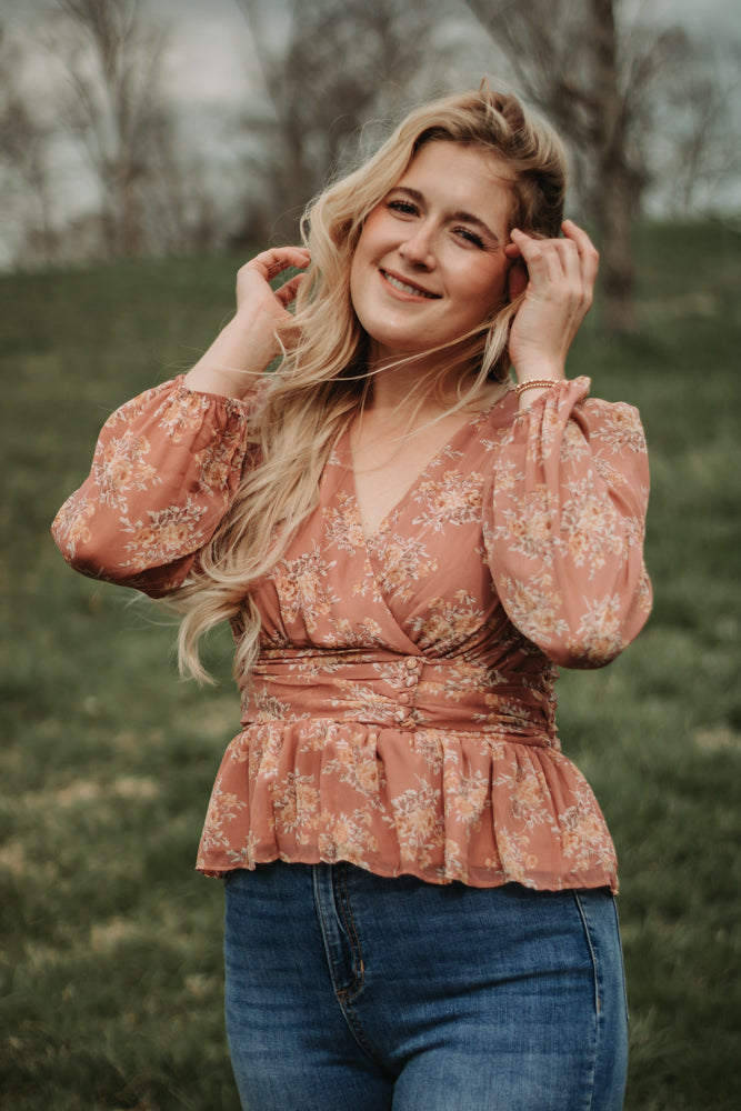 Brianna - Dusty Rose Floral Long Sleeve Babydoll Top