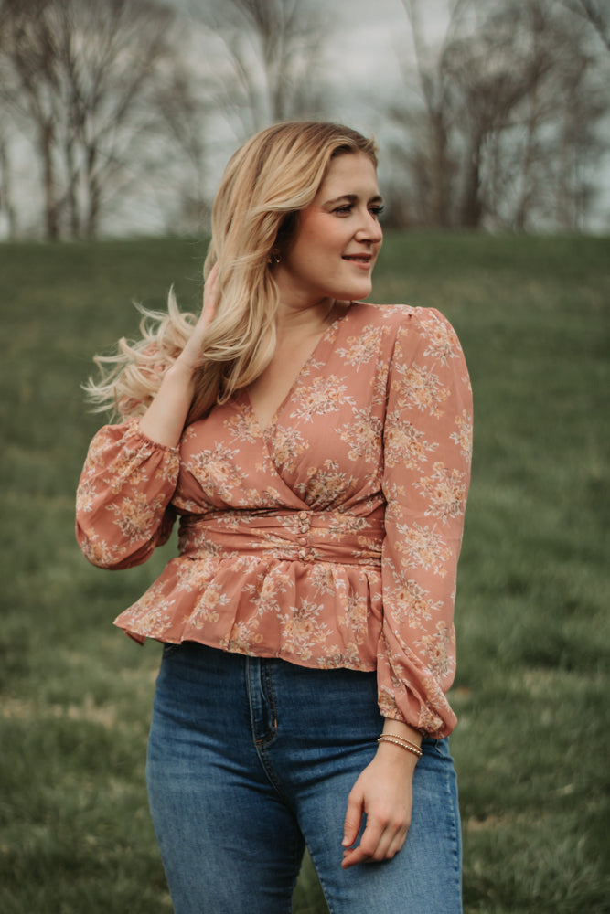 Brianna - Dusty Rose Floral Long Sleeve Babydoll Top