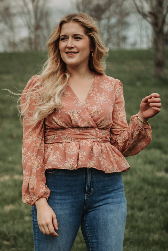 Brianna - Dusty Rose Floral Long Sleeve Babydoll Top