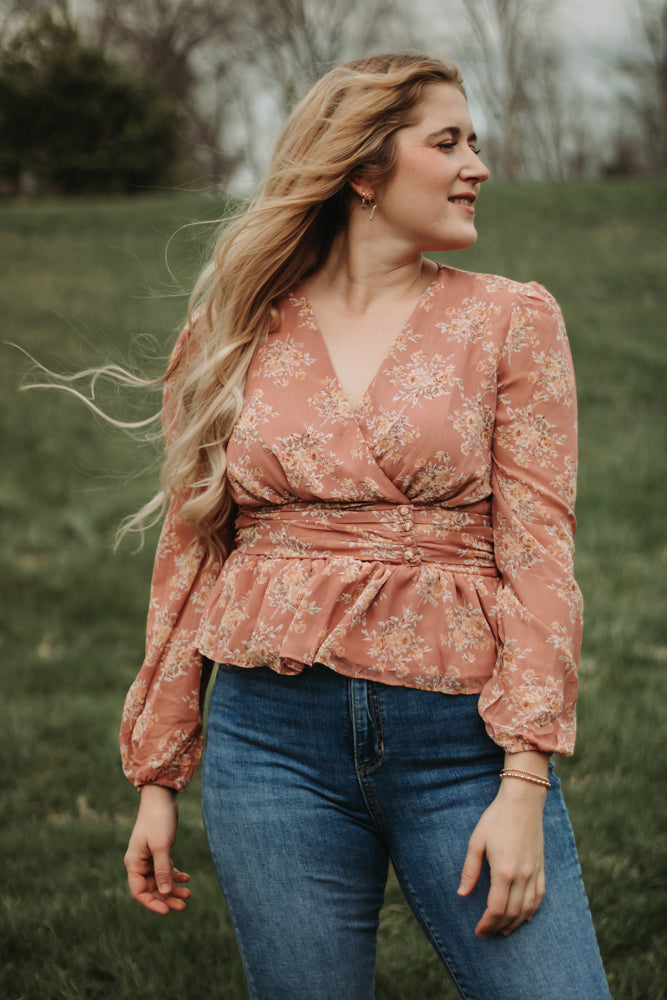 Brianna - Dusty Rose Floral Long Sleeve Babydoll Top