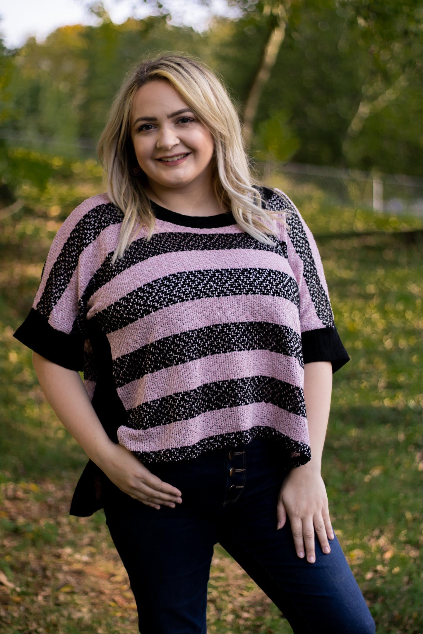 Gracie - Pink/Black Striped Knit Top