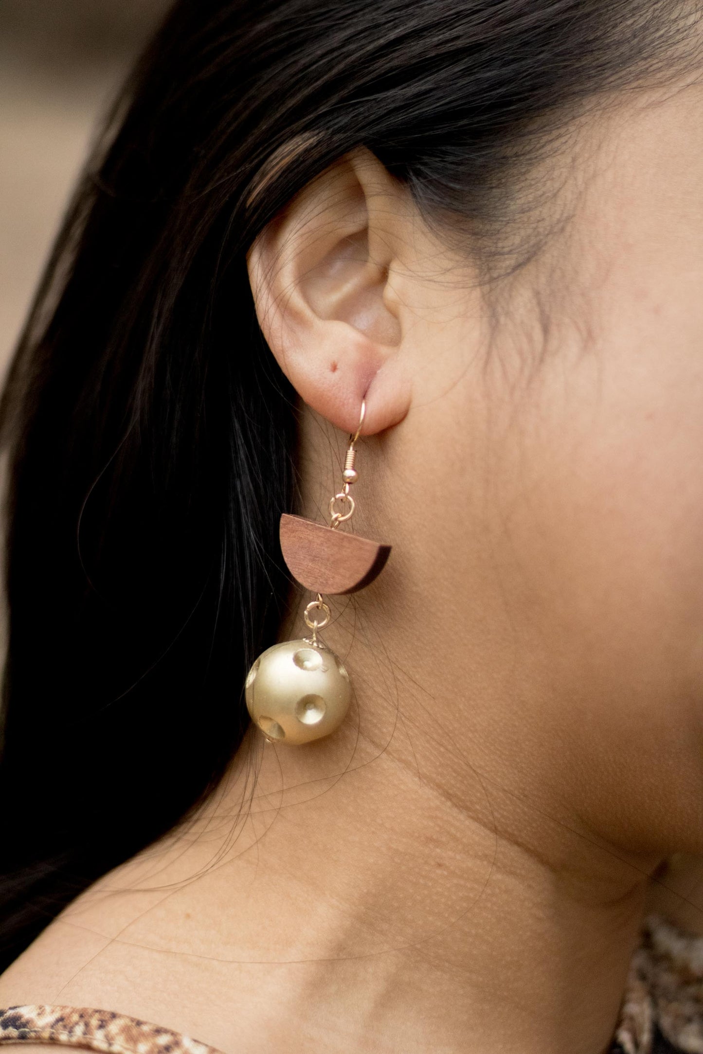 Lorelei - Gold Bead and Wood Charm Earrings