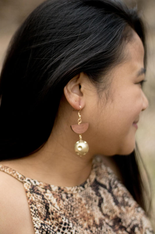 Lorelei - Gold Bead and Wood Charm Earrings
