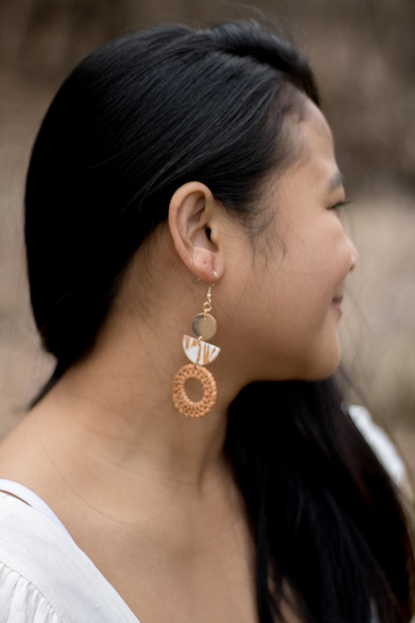 Mila - Wicker Charm and Tan Marble Polymer Clay Earrings