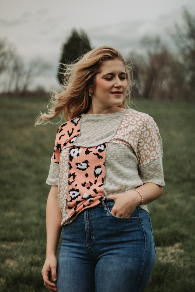 Piper - Pink and Leopard Patch Color Block Knit Top