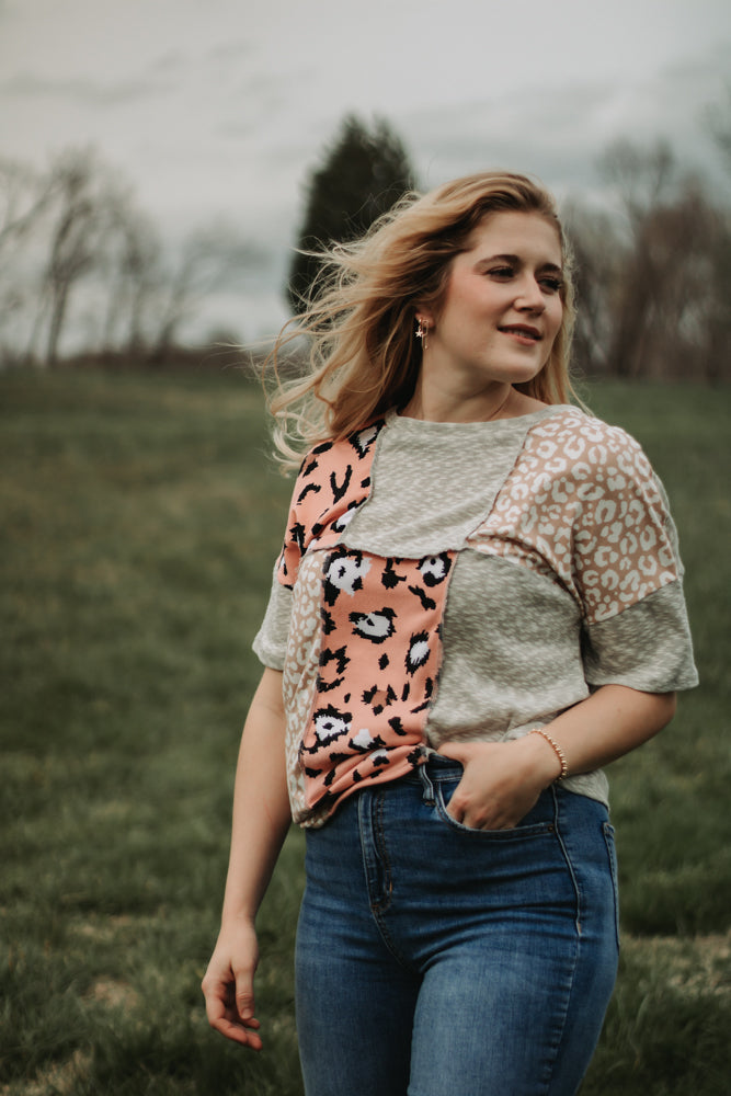 Piper - Pink and Leopard Patch Color Block Knit Top