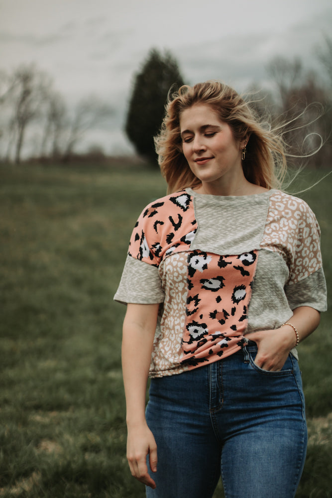 Piper - Pink and Leopard Patch Color Block Knit Top