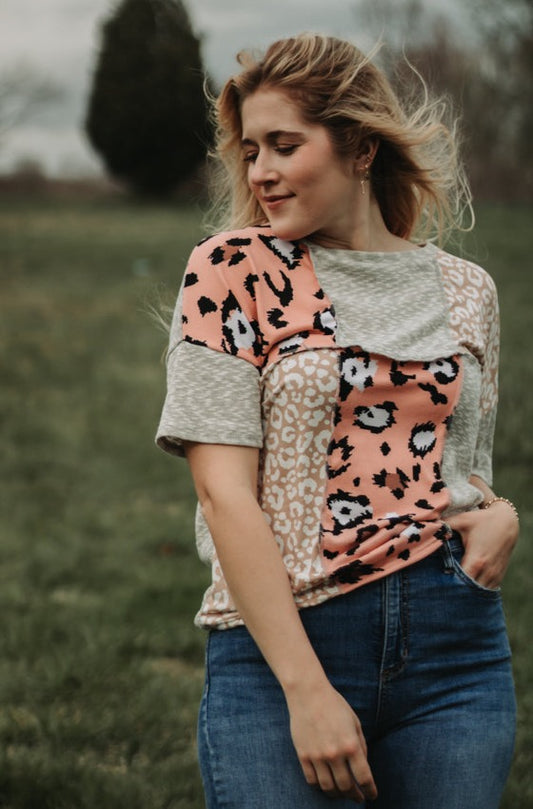 Piper - Pink and Leopard Patch Color Block Knit Top