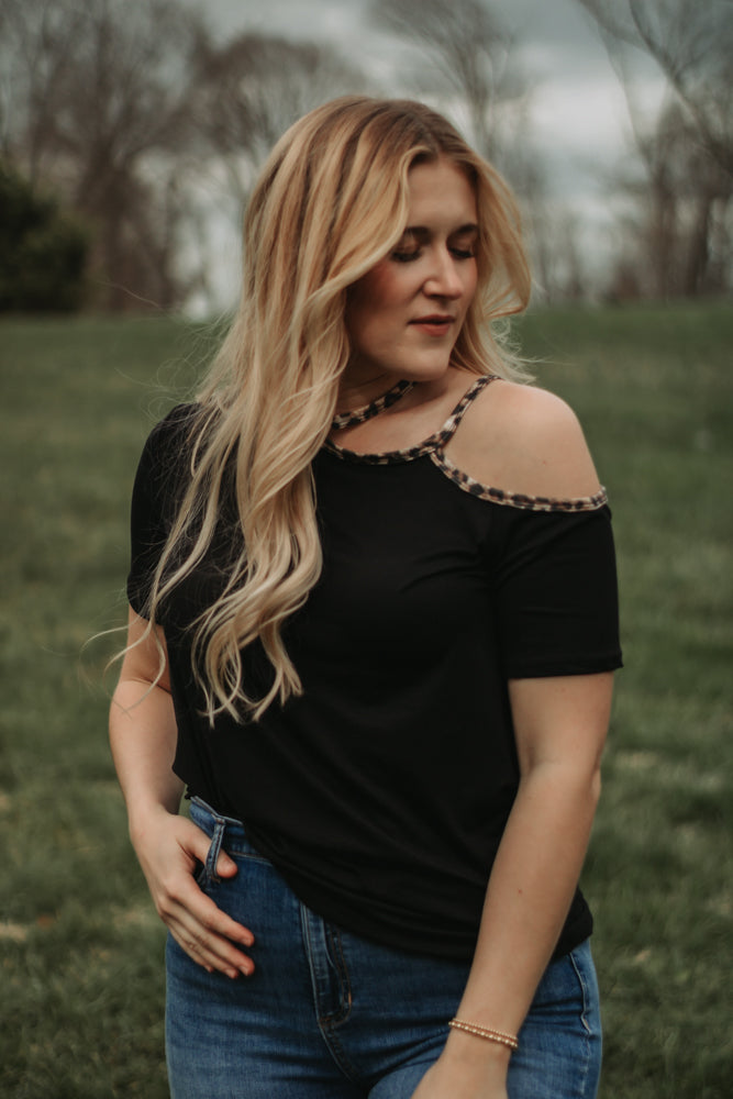 Riley - Black Cold Shoulder Top with Leopard