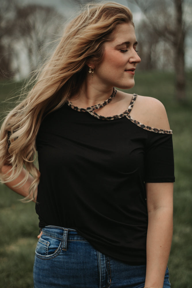 Riley - Black Cold Shoulder Top with Leopard