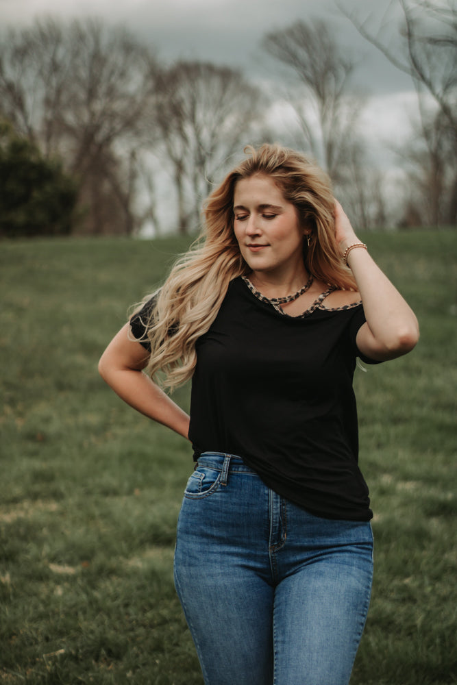 Riley - Black Cold Shoulder Top with Leopard