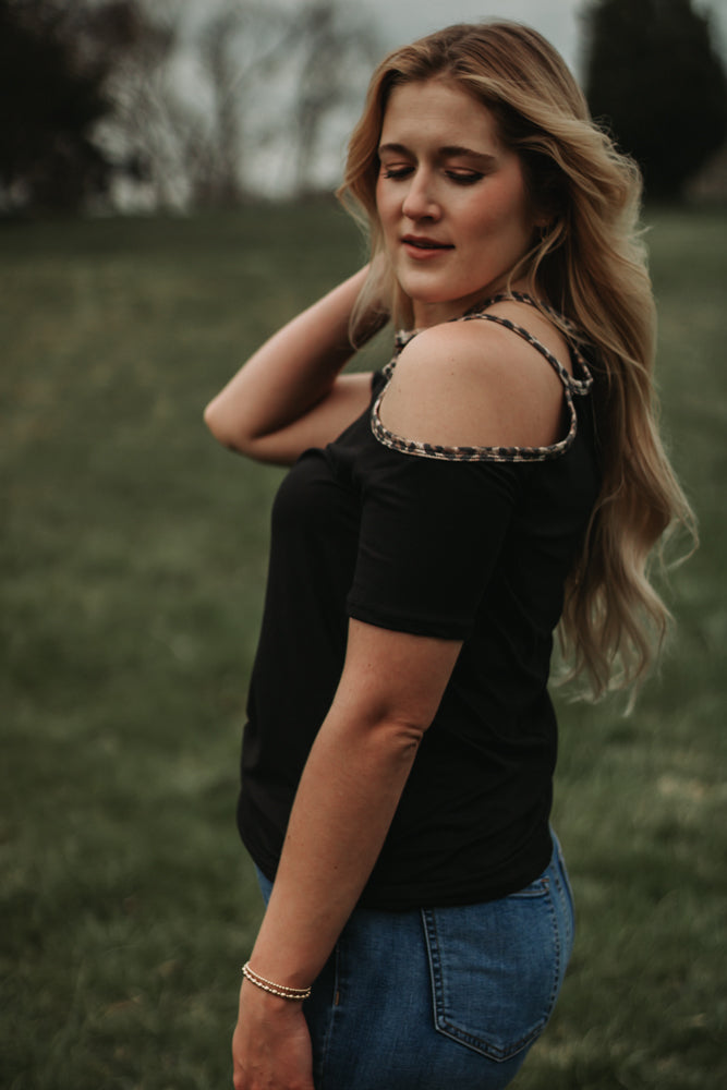 Riley - Black Cold Shoulder Top with Leopard