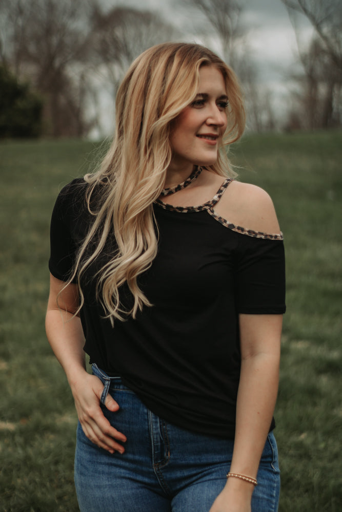 Riley - Black Cold Shoulder Top with Leopard