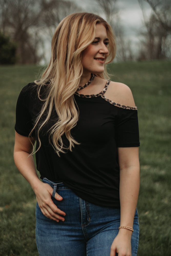 Riley - Black Cold Shoulder Top with Leopard