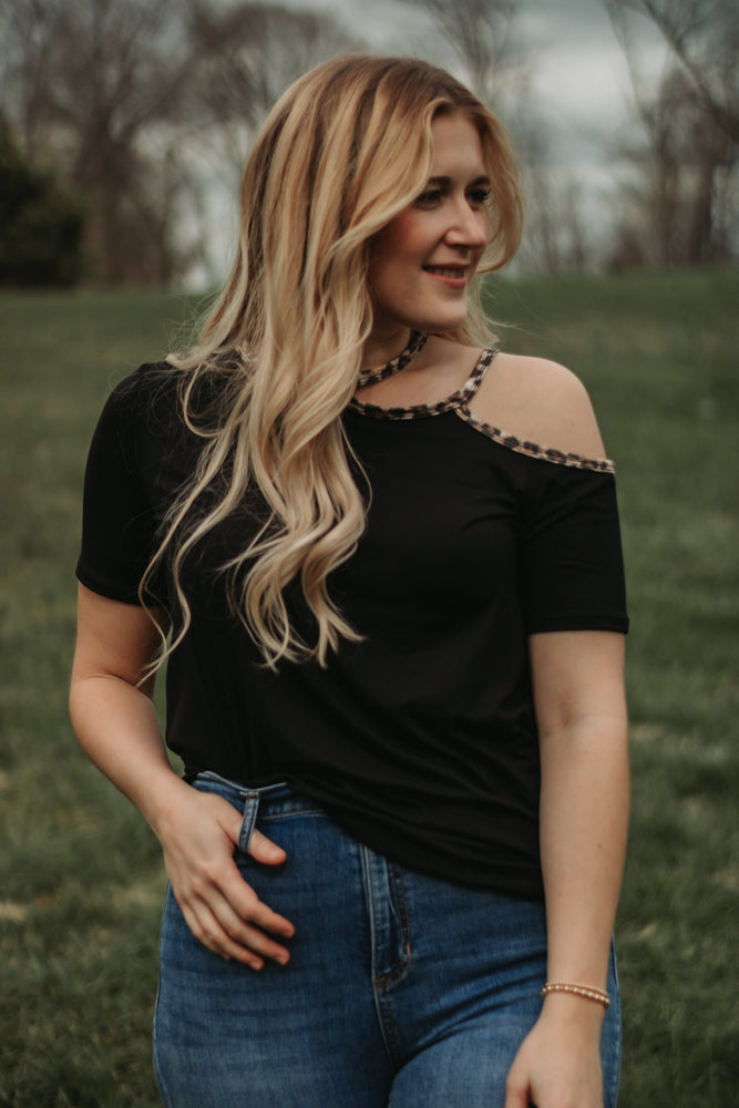 Riley - Black Cold Shoulder Top with Leopard