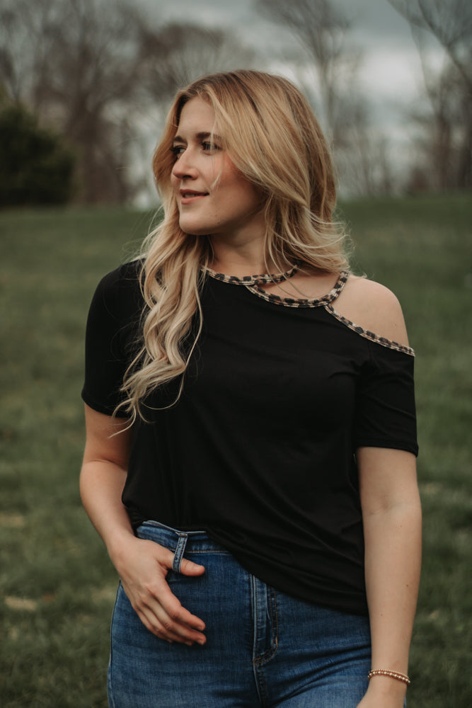 Riley - Black Cold Shoulder Top with Leopard