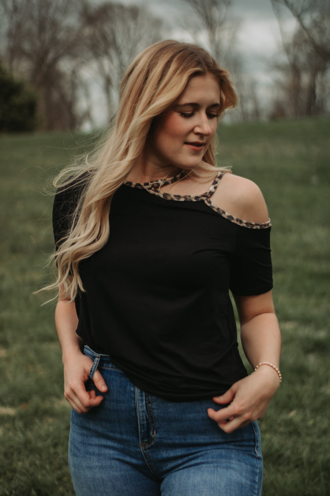 Riley - Black Cold Shoulder Top with Leopard