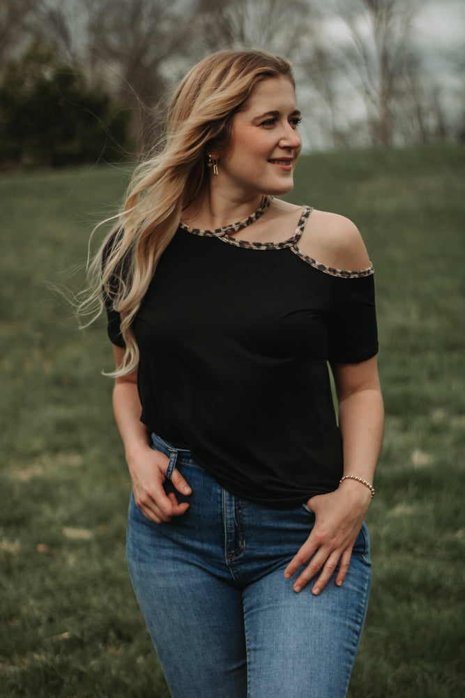 Riley - Black Cold Shoulder Top with Leopard