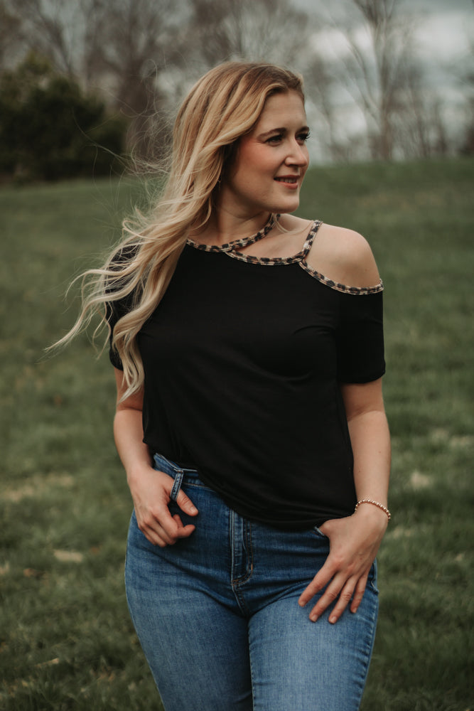 Riley - Black Cold Shoulder Top with Leopard