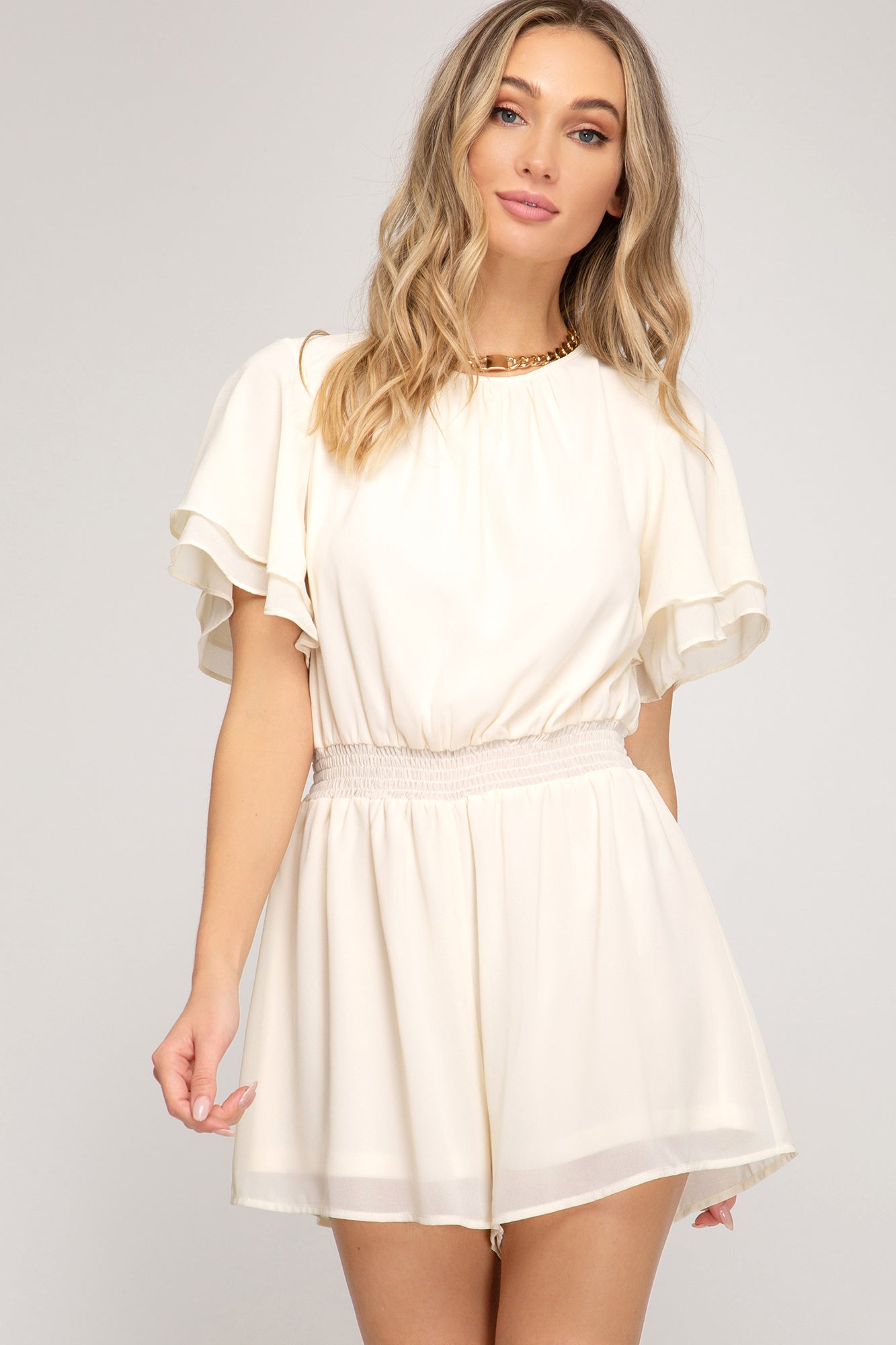 Katarina - Ivory Cream Layered Flutter Sleeve Romper