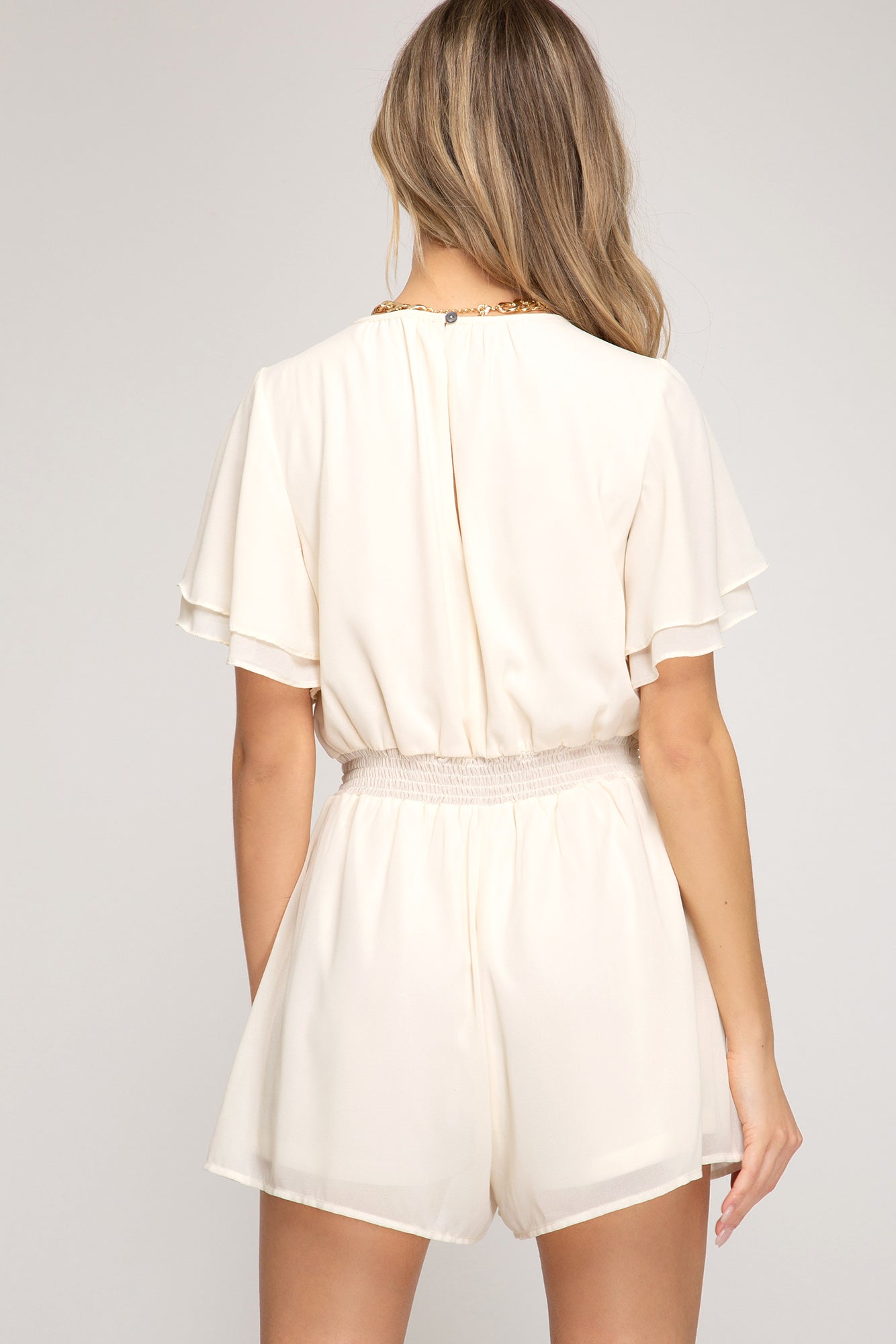 Katarina - Ivory Cream Layered Flutter Sleeve Romper