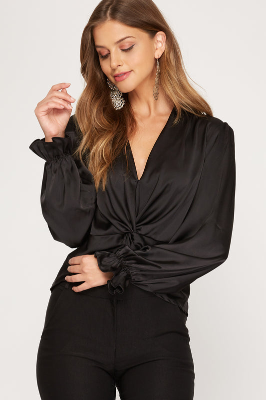 Dahlia - Black Satin Long Sleeve Crop Top