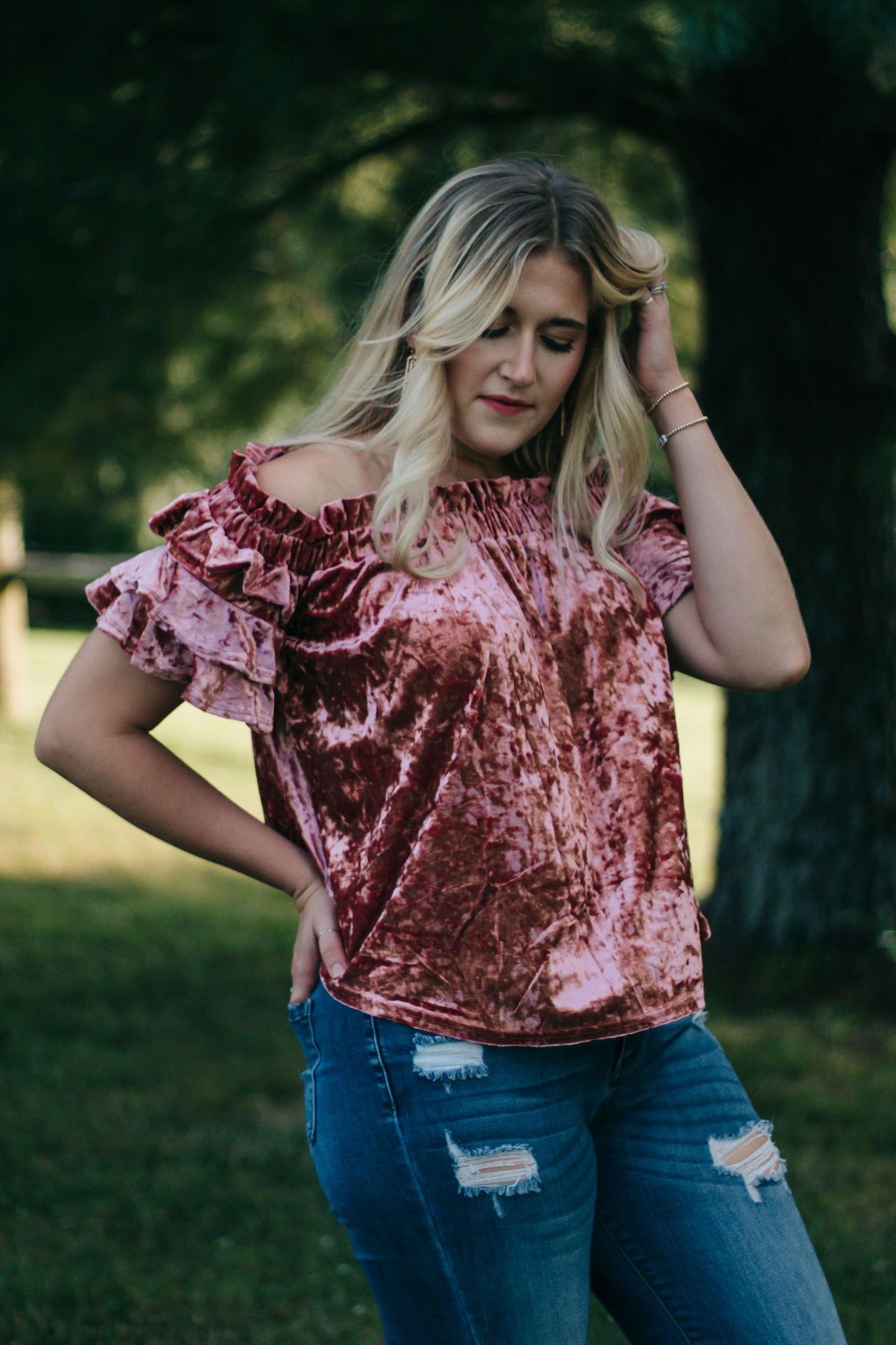 Madeleine - Crushed Velvet Off-Shoulder Top