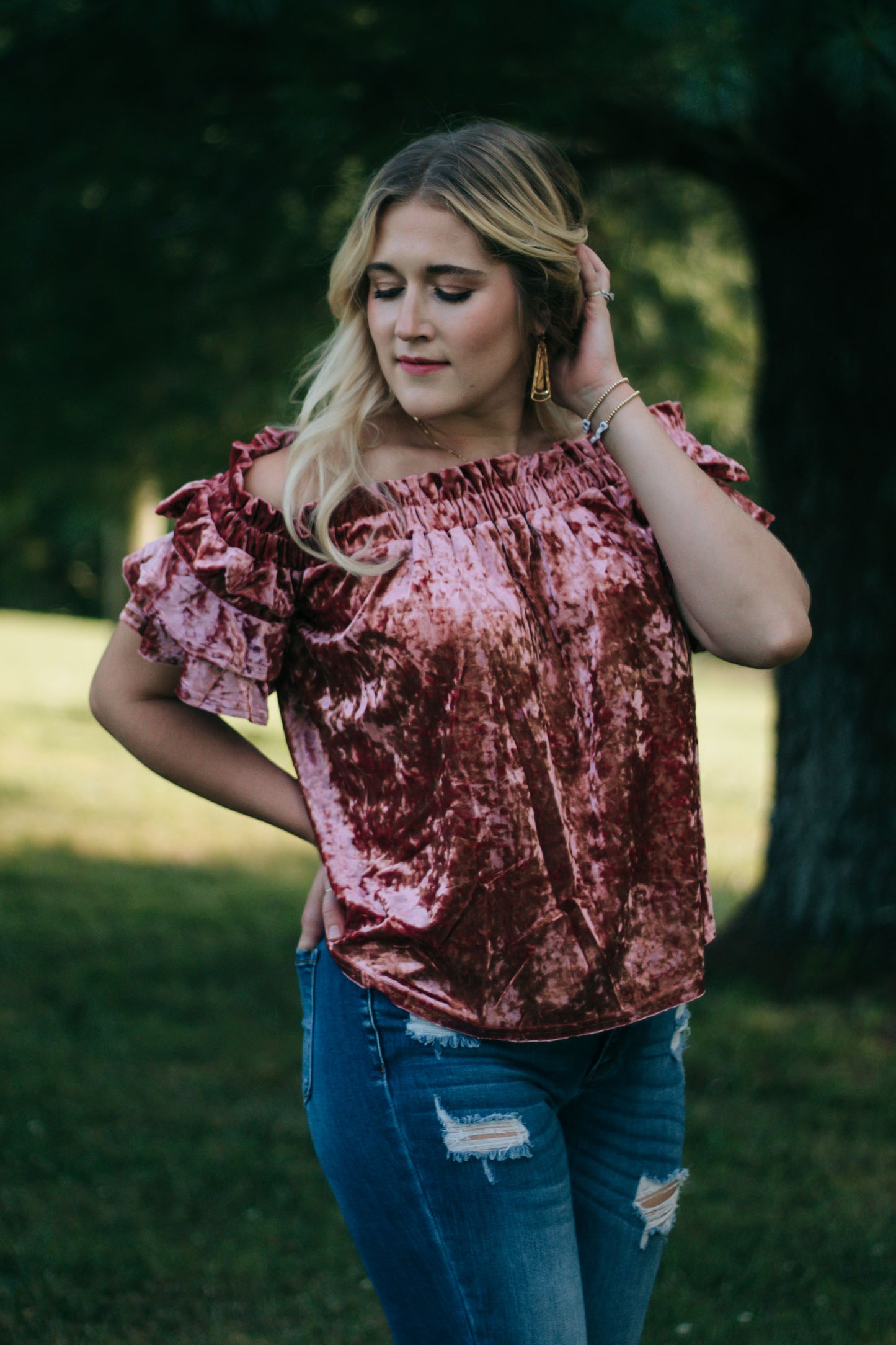 Madeleine - Crushed Velvet Off-Shoulder Top