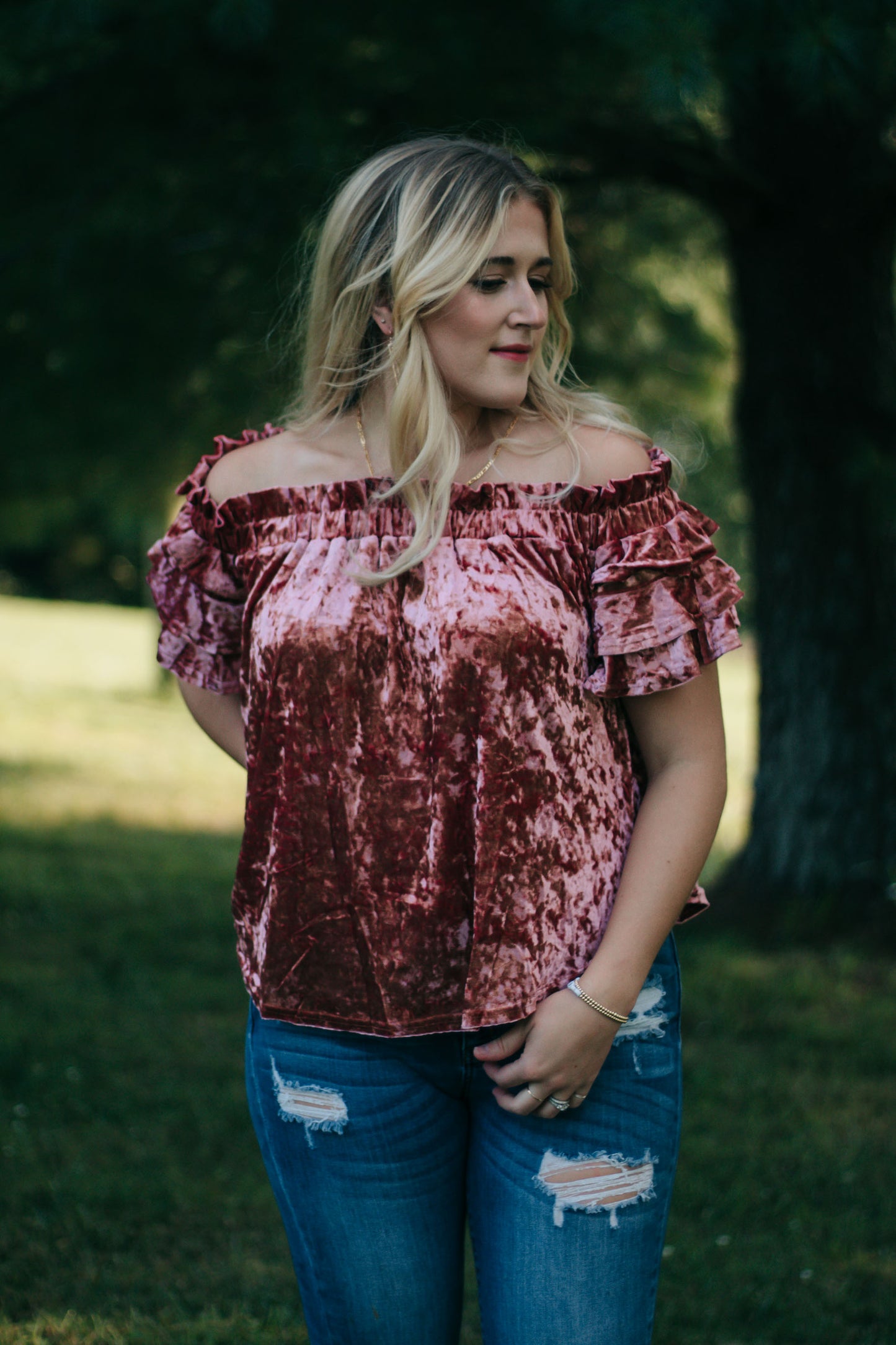 Madeleine - Crushed Velvet Off-Shoulder Top