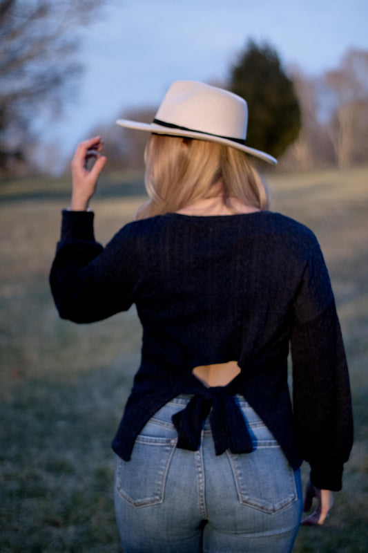Vanessa - Navy Back Waist Tie Cable Knit Top