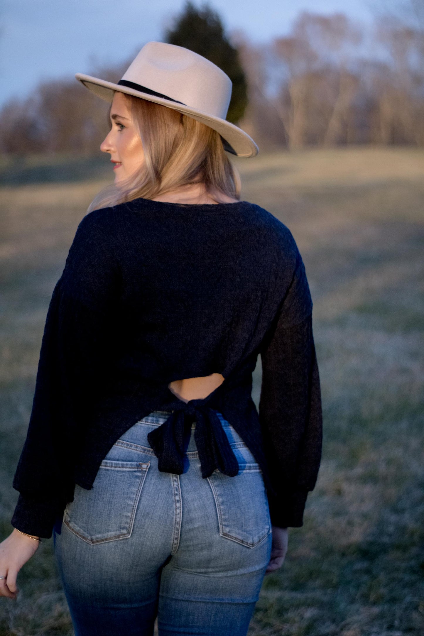 Vanessa - Navy Back Waist Tie Cable Knit Top