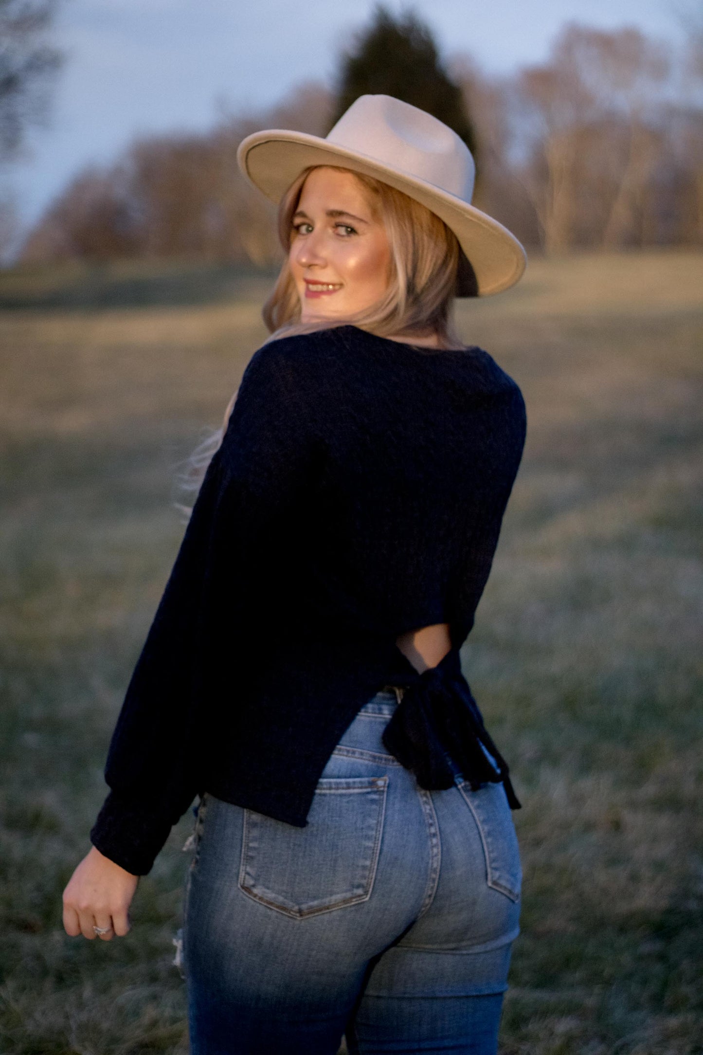 Vanessa - Navy Back Waist Tie Cable Knit Top