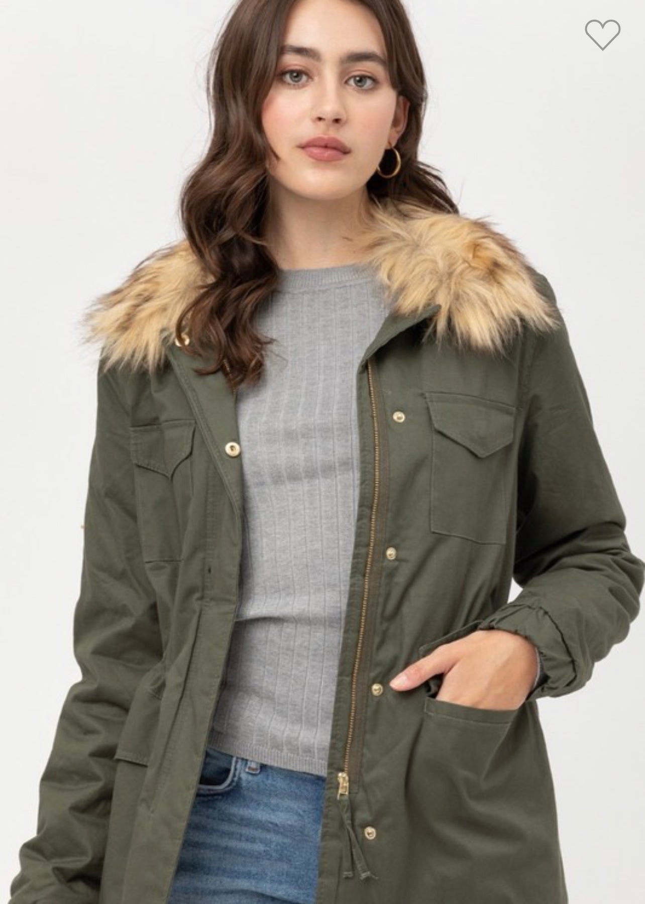 Avery - Olive Faux Fur Collar Utility Jacket