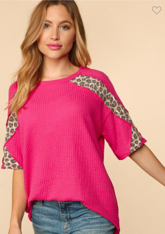 Nina - Hot Pink and Leopard Waffle Knit Top