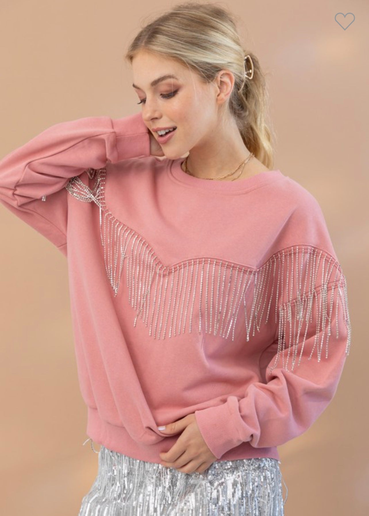 Penelope - Pink Rhinestone Fringe Crewneck Sweater