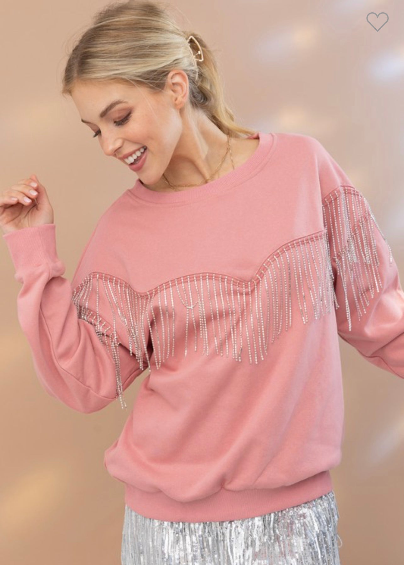 Penelope - Pink Rhinestone Fringe Crewneck Sweater