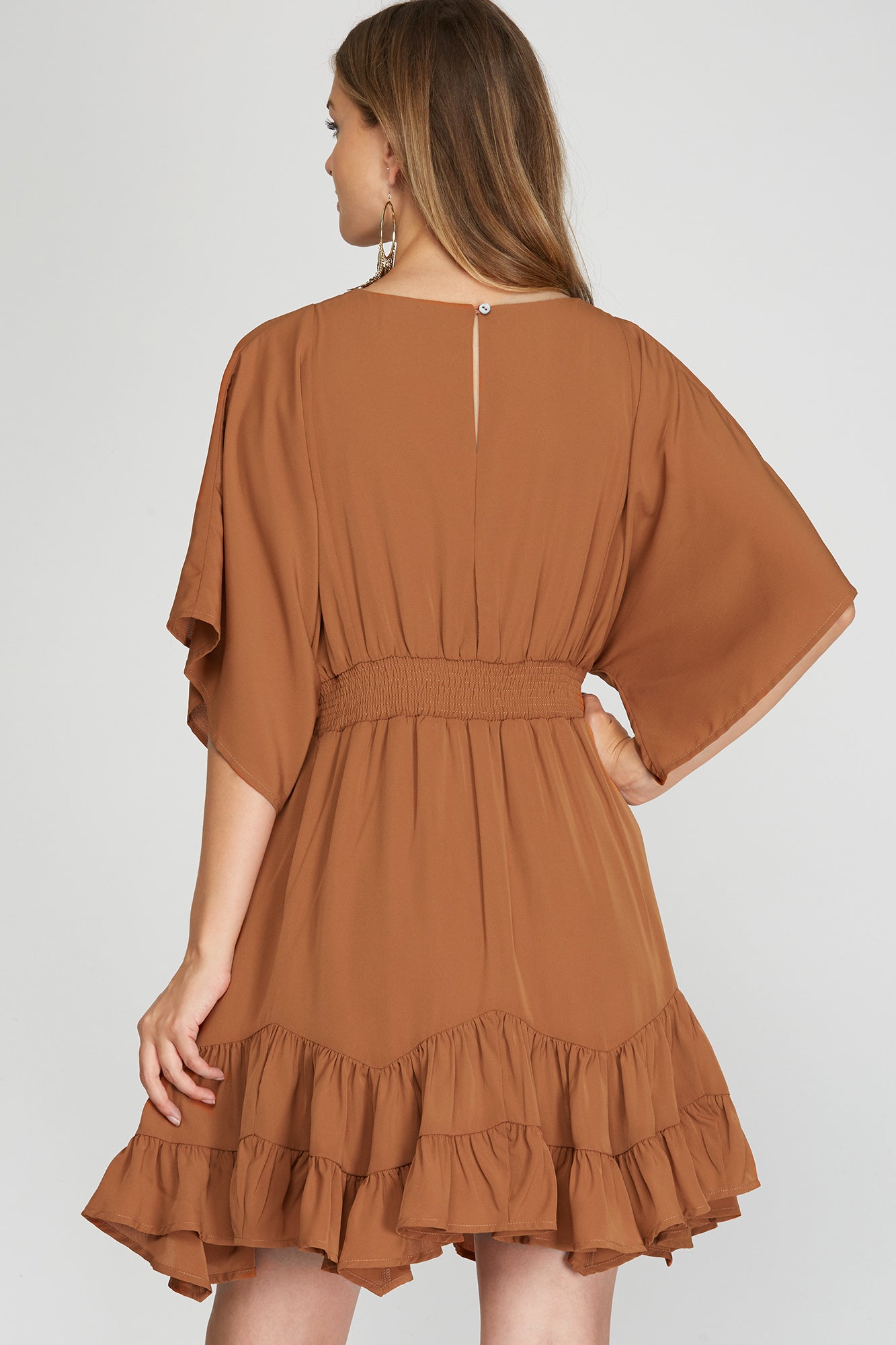Megan - Camel Low Cut Tiered Dress