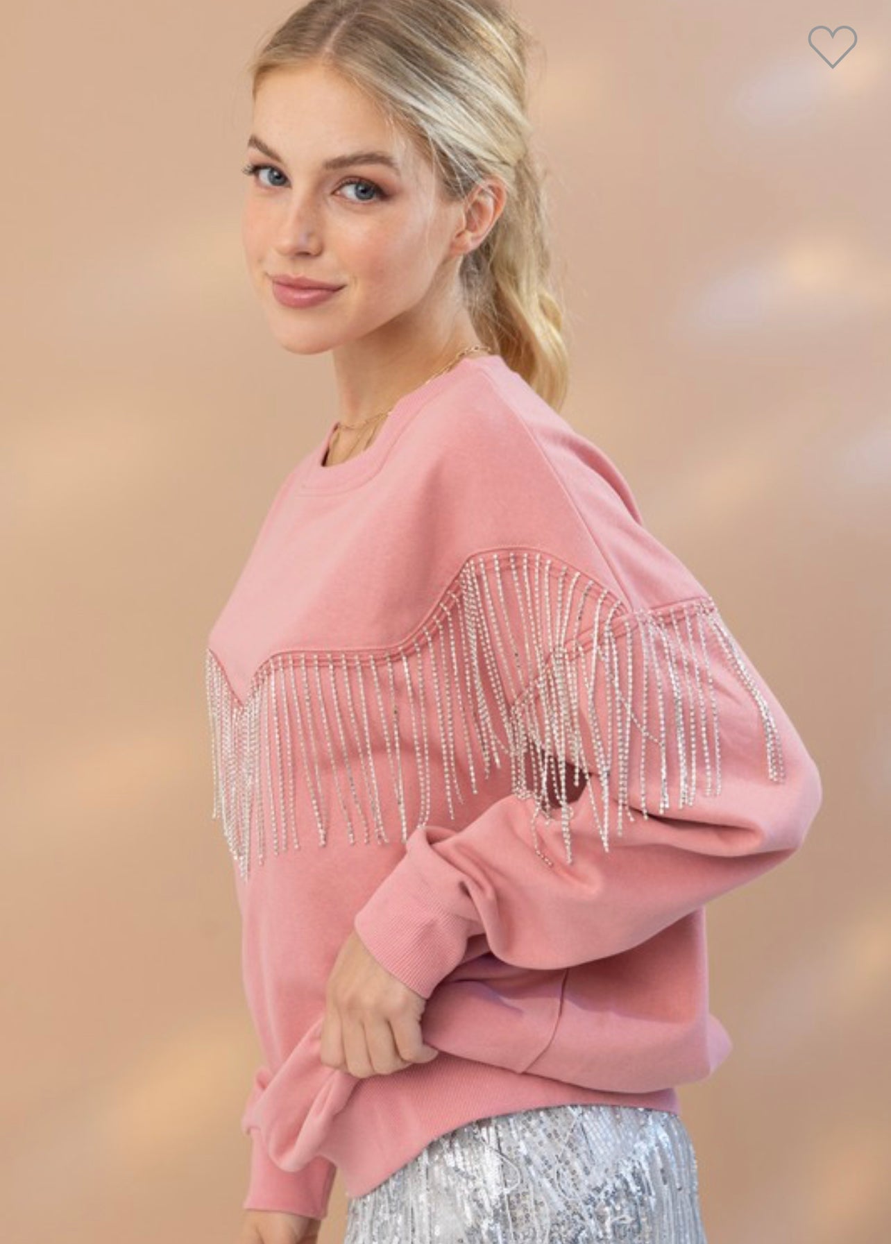 Penelope - Pink Rhinestone Fringe Crewneck Sweater