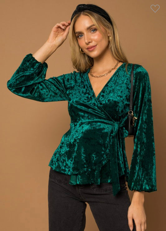 Natalie - Emerald Velvet Wrap Long Sleeve Top