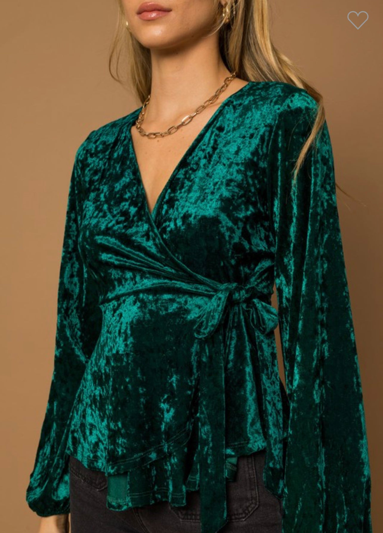 Natalie - Emerald Velvet Wrap Long Sleeve Top